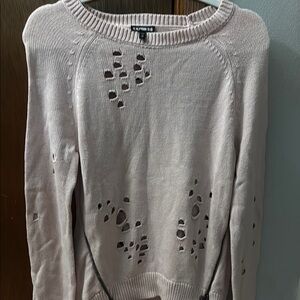 Express Cream Crew Neck Sweater with Distressed Design